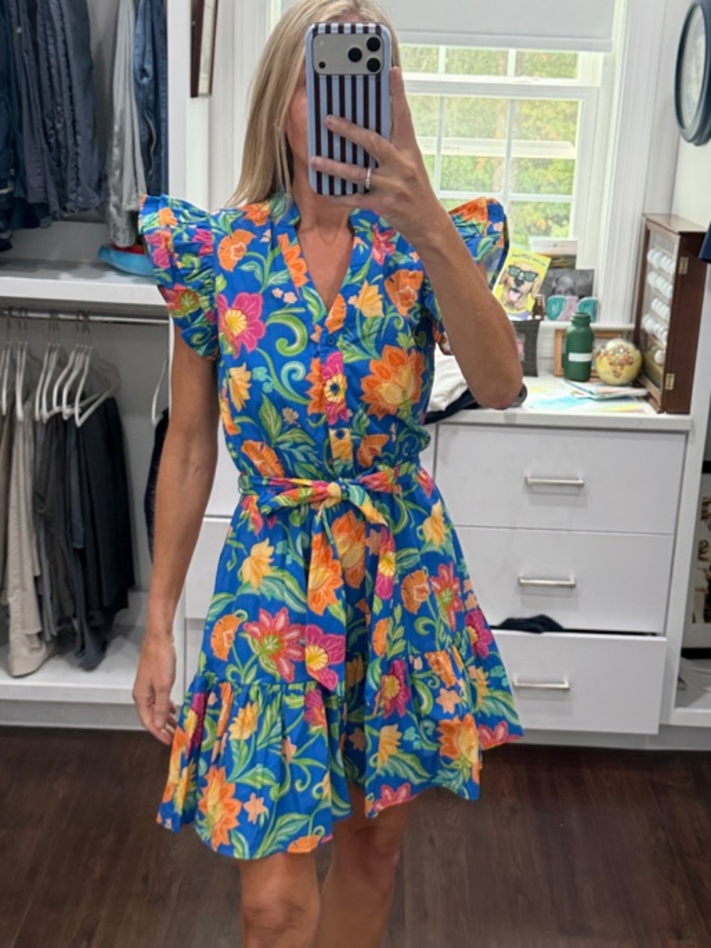 Vibrant Blue Floral Tie-Waist Mini Dress